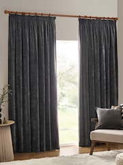 Yard Charcoal Heavy Chenille Velvet Room Darkening Pencil Pleat Curtains - Image 2 of 5