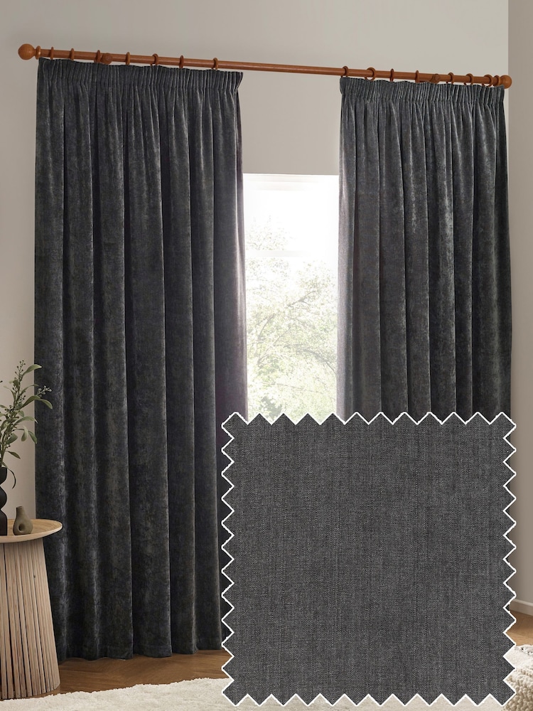 Yard Charcoal Grey Heavy Chenille Lined Pencil Pleat Curtains - Image 3 of 3 Yard Charcoal Grey Heavy Chenille Lined Pencil Pleat Curtains - Image 3 of 3