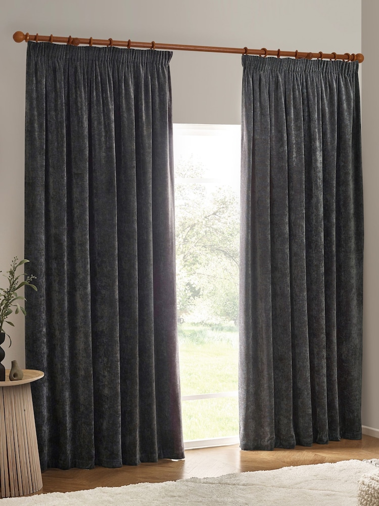 Yard Charcoal Heavy Chenille Velvet Room Darkening Pencil Pleat Curtains - Image 5 of 5