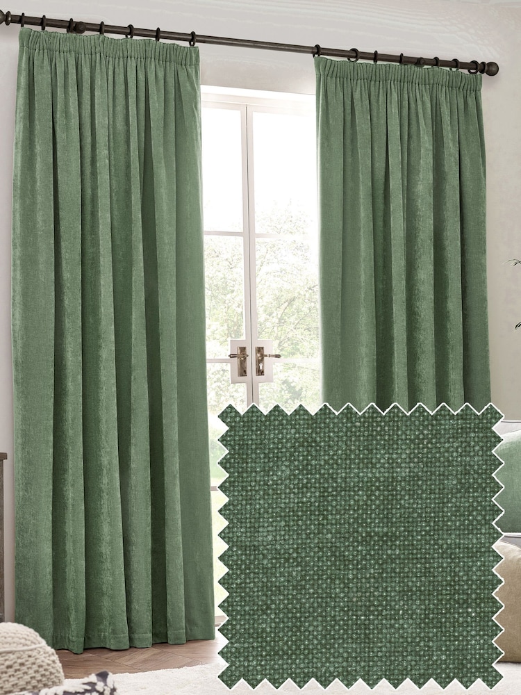 Yard Eucalyptus Green Heavy Chenille Lined Pencil Pleat Curtains - Image 3 of 3 Yard Eucalyptus Green Heavy Chenille Lined Pencil Pleat Curtains - Image 3 of 3