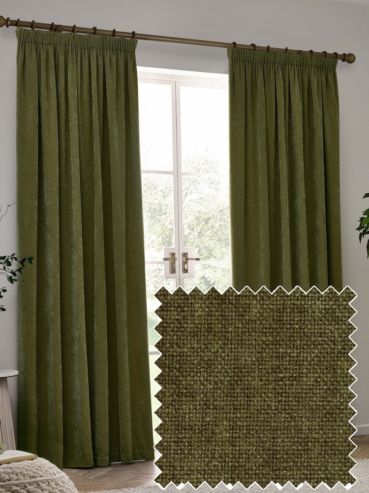 Yard Olive Green Heavy Chenille Lined Pencil Pleat Curtains - Image 3 of 3