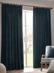 Yard Navy Heavy Chenille Velvet Room Darkening Pencil Pleat Curtains - Image 3 of 5