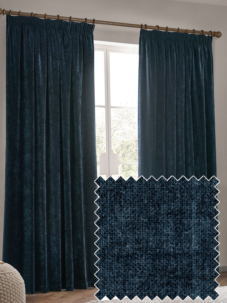 Yard Navy Blue Heavy Chenille Lined Pencil Pleat Curtains - Image 3 of 3