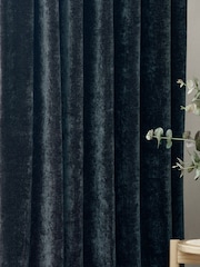 Yard Navy Heavy Chenille Velvet Room Darkening Pencil Pleat Curtains - Image 4 of 5