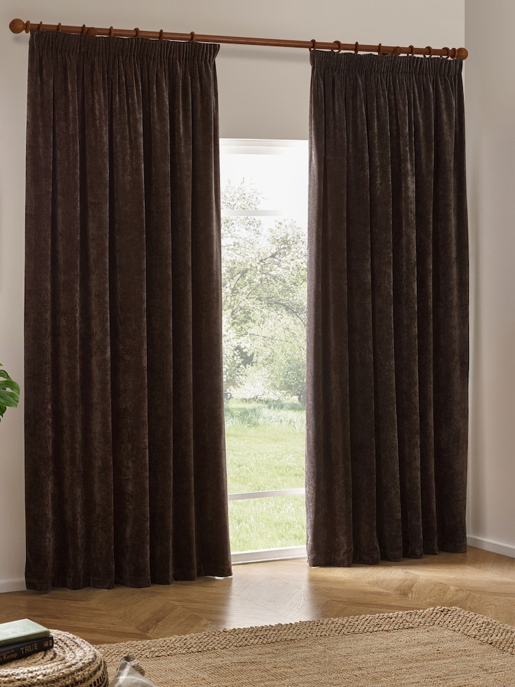 Yard Brown Heavy Chenille Velvet Room Darkening Pencil Pleat Curtains - Image 2 of 5