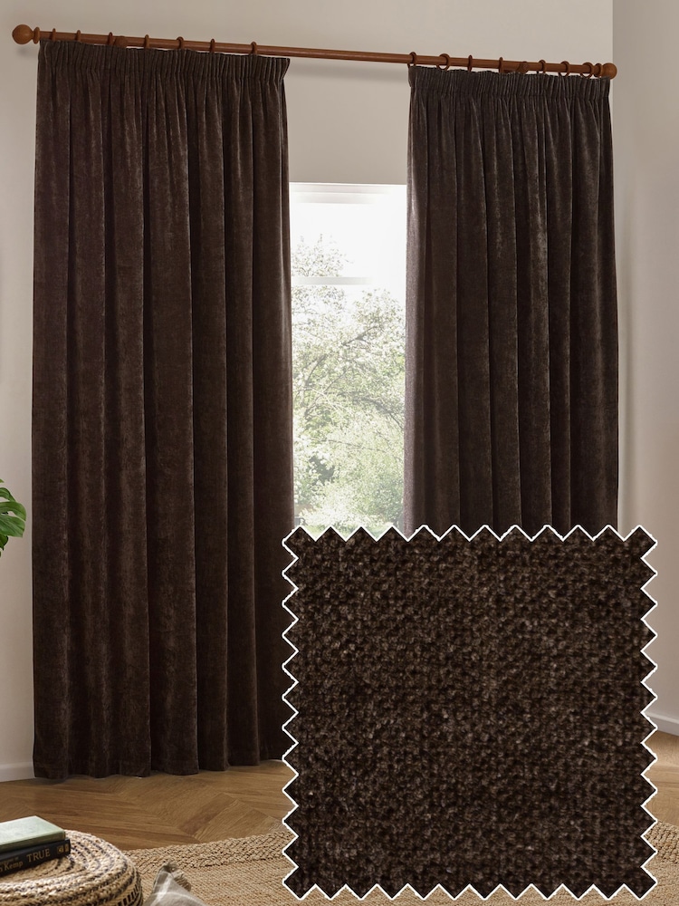 Yard Brown Heavy Chenille Fully Lined Velvet Pencil Pleat Curtains - Image 4 of 4