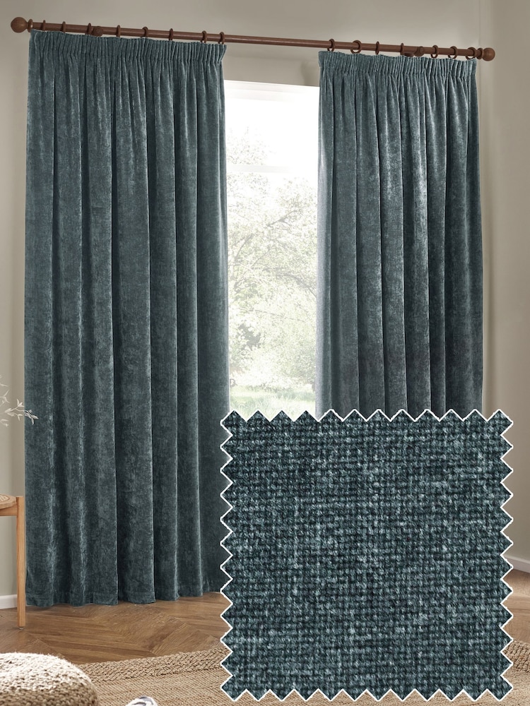 Yard Marine Blue Heavy Chenille Lined Pencil Pleat Curtains - Image 3 of 3