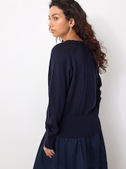 Navy Blue 100% Merino Wool N.Premium V-Neck Button Cardigan - Image 2 of 7