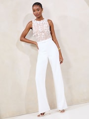 Lipsy White Mesh 3D Hyrbid Halter Wide Leg Jumpsuit - Image 3 of 4