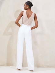Lipsy White Mesh 3D Hyrbid Halter Wide Leg Jumpsuit - Image 4 of 4