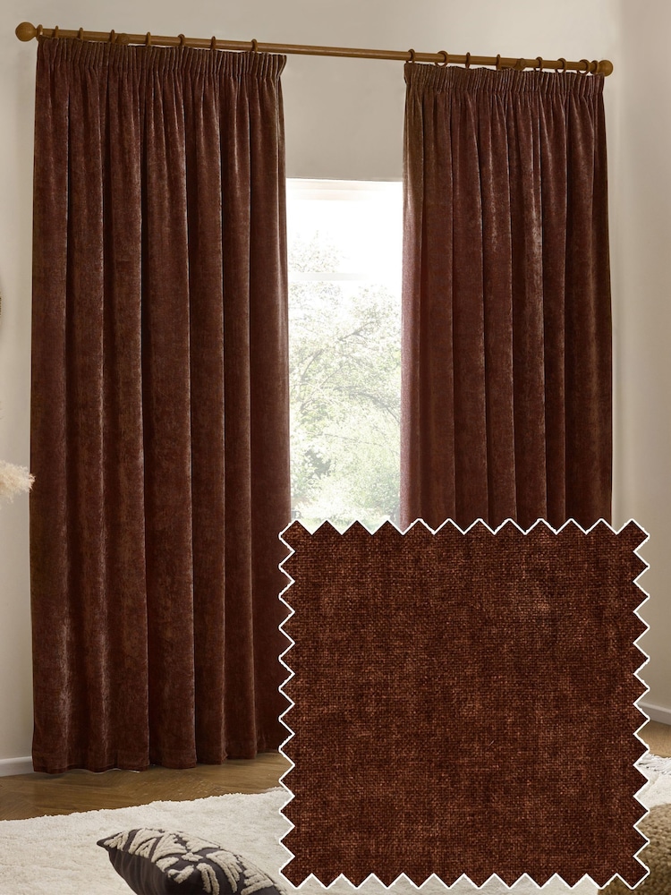 Yard Nutmeg Heavy Chenille Velvet Room Darkening Pencil Pleat Curtains - Image 1 of 5