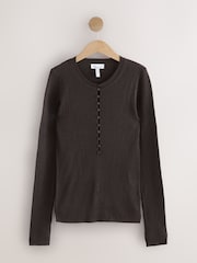 Chocolate Brown 100% Merino Wool Ribbed Henley Jumper - Image 1 of 3