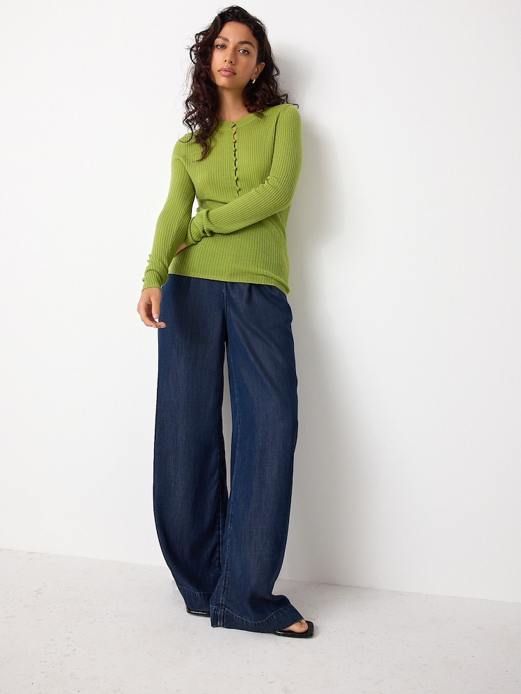 Green 100% Merino Wool Ribbed Henley Jumper - Image 2 of 8