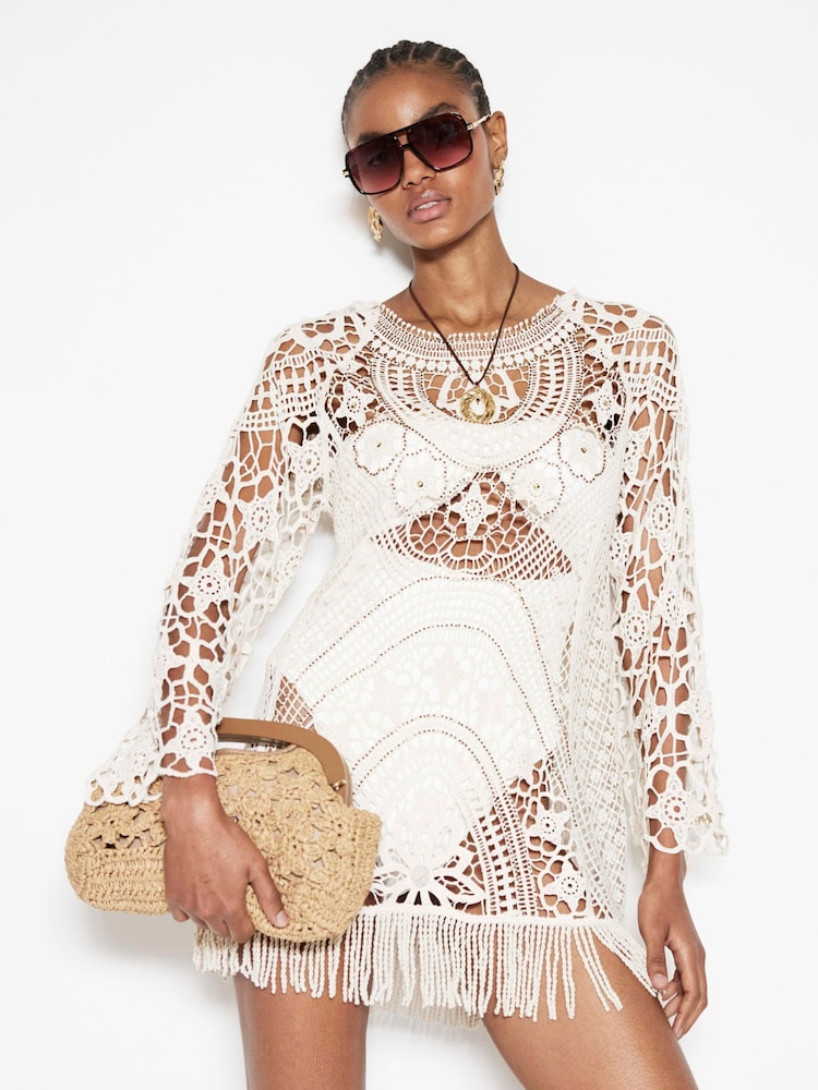 River Island Cream Crochet 100% Cotton Tunic Dress - Image 1 of 6