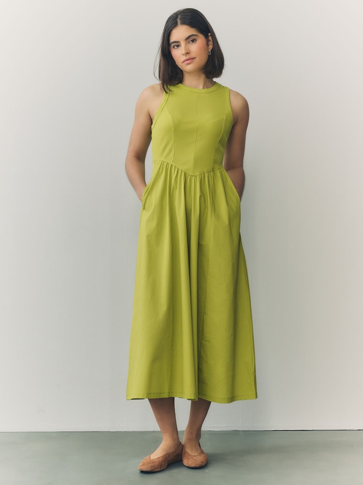 Lime Green Woven Jersey Mix Sleeveless Racer Ribbed Midi Dress - Image 1 of 8 Lime Green Woven Jersey Mix Sleeveless Racer Ribbed Midi Dress - Image 1 of 8