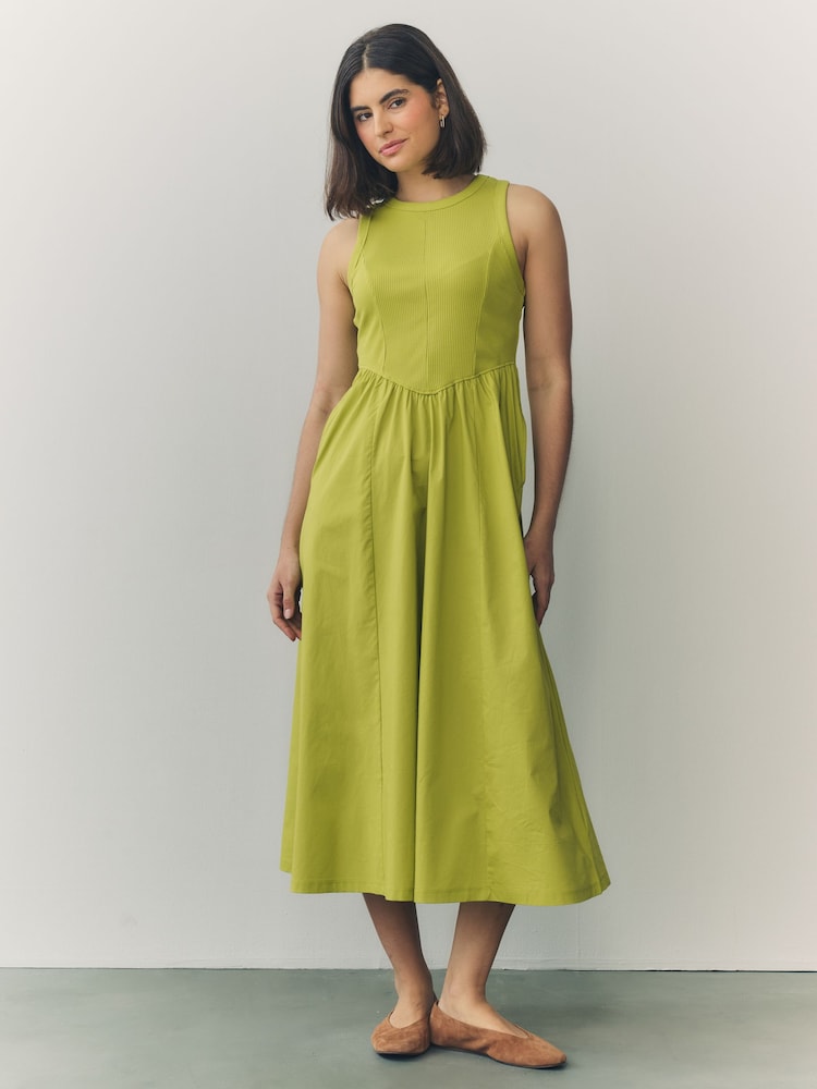 Lime Green Woven Jersey Mix Sleeveless Racer Ribbed Midi Dress - Image 2 of 8 Lime Green Woven Jersey Mix Sleeveless Racer Ribbed Midi Dress - Image 2 of 8