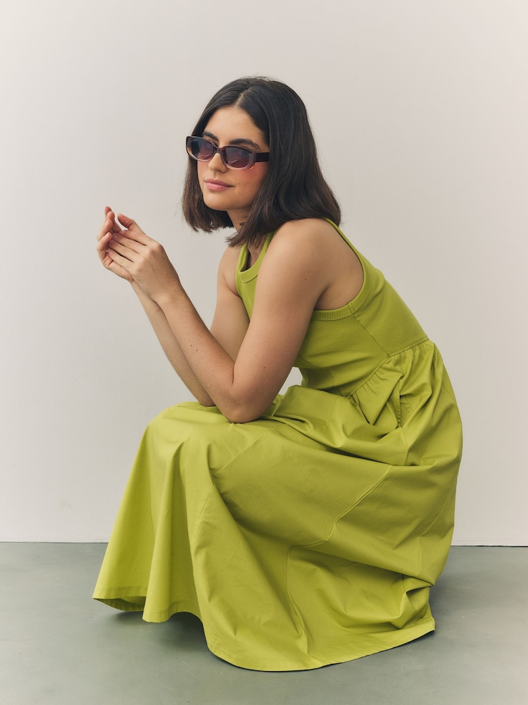 Lime Green Woven Jersey Mix Sleeveless Racer Ribbed Midi Dress - Image 3 of 8