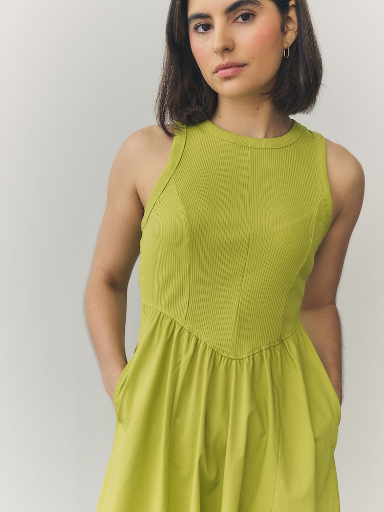 Lime Green Woven Jersey Mix Sleeveless Racer Ribbed Midi Dress - Image 5 of 8