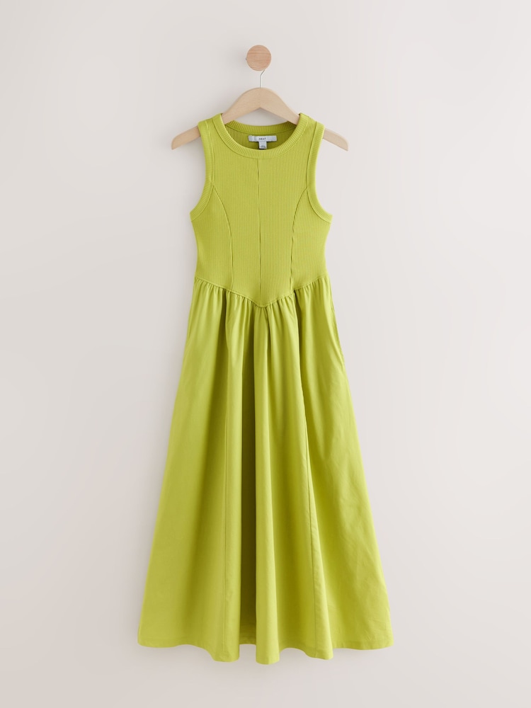 Lime Green Woven Jersey Mix Sleeveless Racer Ribbed Midi Dress - Image 6 of 8