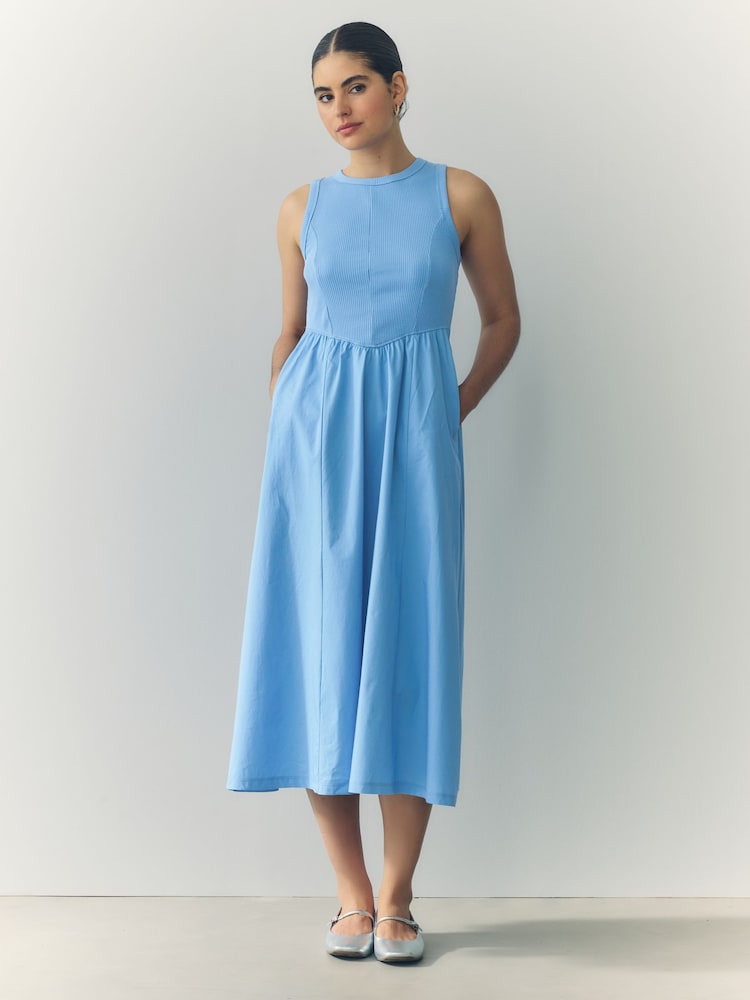Bright Blue Woven Jersey Mix Sleeveless Racer Ribbed Midi Dress - Image 1 of 8 Bright Blue Woven Jersey Mix Sleeveless Racer Ribbed Midi Dress - Image 1 of 8