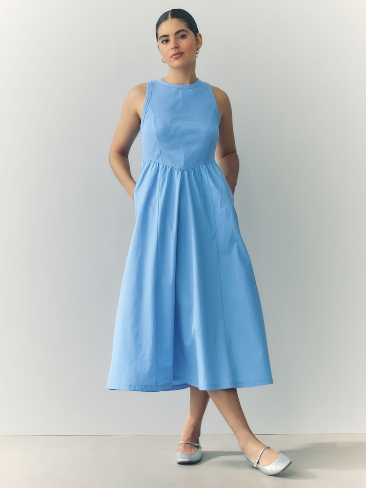 Bright Blue Woven Jersey Mix Sleeveless Racer Ribbed Midi Dress - Image 2 of 8 Bright Blue Woven Jersey Mix Sleeveless Racer Ribbed Midi Dress - Image 2 of 8