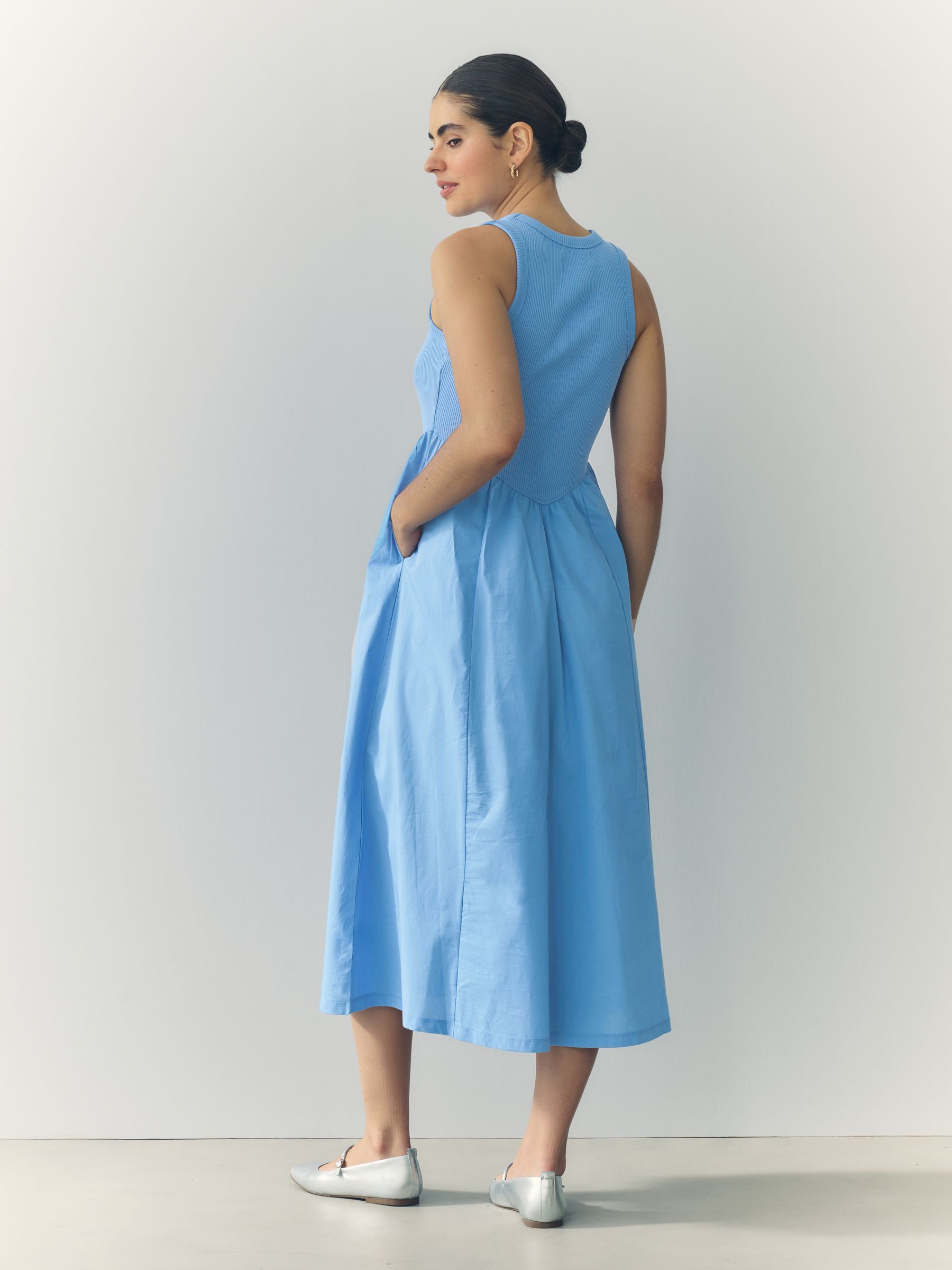 Buy Bright Blue Woven Jersey Mix Sleeveless Racer Ribbed