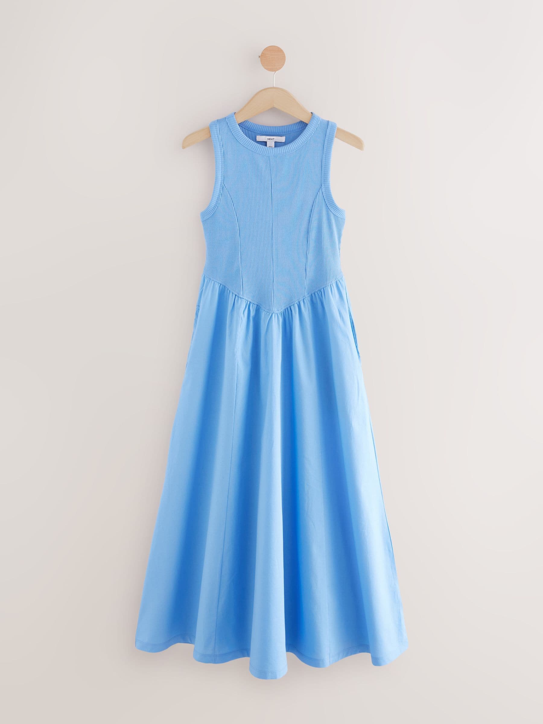 Buy Bright Blue Woven Jersey Mix Sleeveless Racer Ribbed