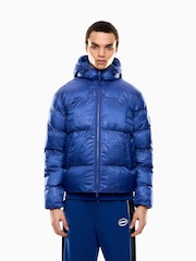 EA7 Blue All Over Logo Hooded Down Jacket - Image 1 of 7