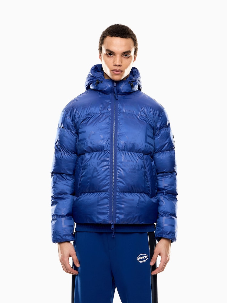EA7 Blue All Over Logo Hooded Down Jacket - Image 1 of 7