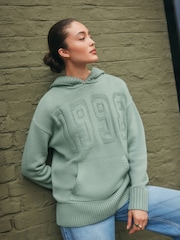Sage Green Graphic Knitted Hoodie Jumper With Wool - Image 1 of 8