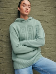 Sage Green Graphic Knitted Hoodie Jumper With Wool - Image 2 of 8