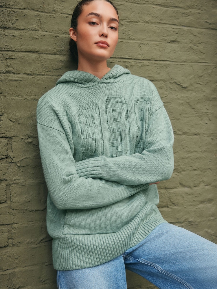 Sage Green Graphic Knitted Hoodie Jumper With Wool - Image 2 of 8