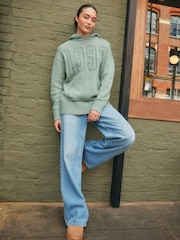 Sage Green Graphic Knitted Hoodie Jumper With Wool - Image 4 of 8