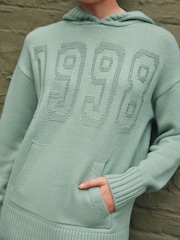 Sage Green Graphic Knitted Hoodie Jumper With Wool - Image 5 of 8