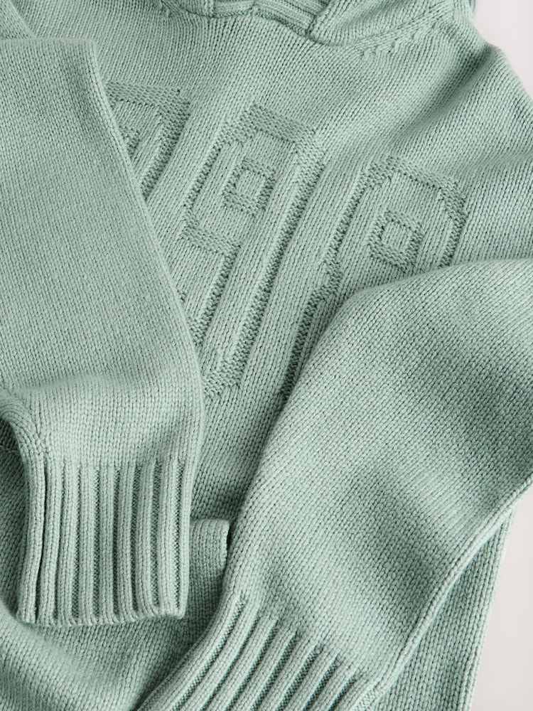 Sage Green Graphic Knitted Hoodie Jumper With Wool - Image 8 of 8