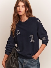 Navy Blue Embroidered Super Soft Crew Neck Long Sleeve Jumper - Image 1 of 7