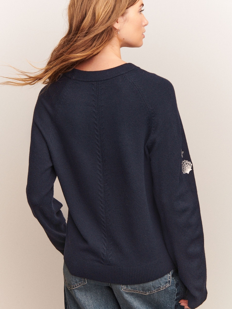 Navy Blue Embroidered Super Soft Crew Neck Long Sleeve Jumper - Image 2 of 7