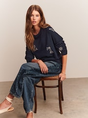 Navy Blue Embroidered Super Soft Crew Neck Long Sleeve Jumper - Image 3 of 7
