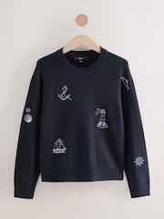 Navy Blue Embroidered Super Soft Crew Neck Long Sleeve Jumper - Image 5 of 7