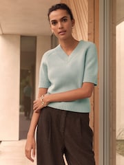 Light Blue 100% Lambswool V Neck Knitted Short Sleeve Jumper - Image 1 of 7