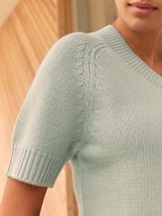Light Blue 100% Lambswool V Neck Knitted Short Sleeve Jumper - Image 4 of 7