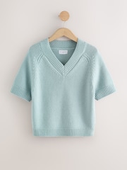 Light Blue 100% Lambswool V Neck Knitted Short Sleeve Jumper - Image 5 of 7