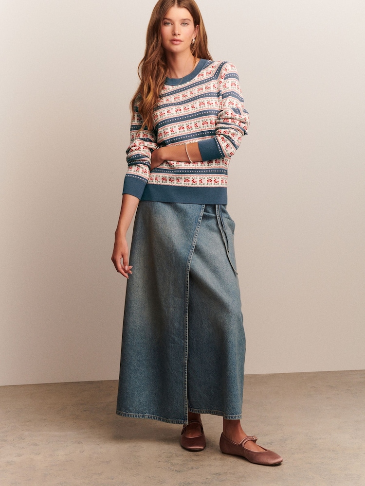 Blue and Ecru Floral Stripe Soft Touch Crew Neck Cotton Rich Jumper - Image 3 of 7