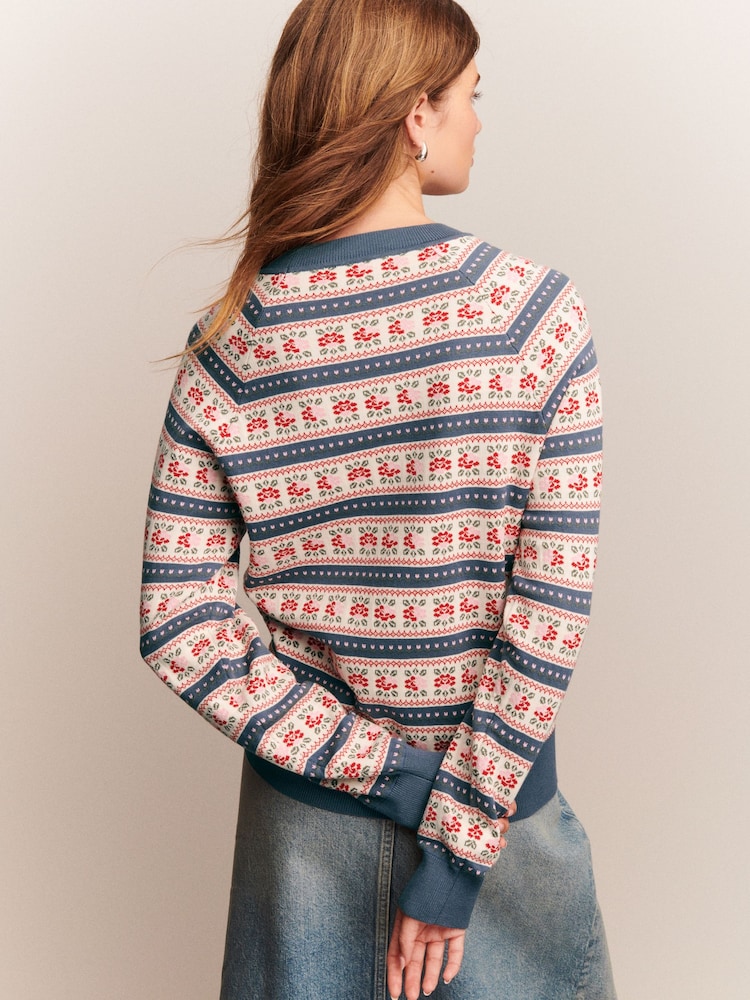 Blue and Ecru Floral Stripe Soft Touch Crew Neck Cotton Rich Jumper - Image 4 of 7