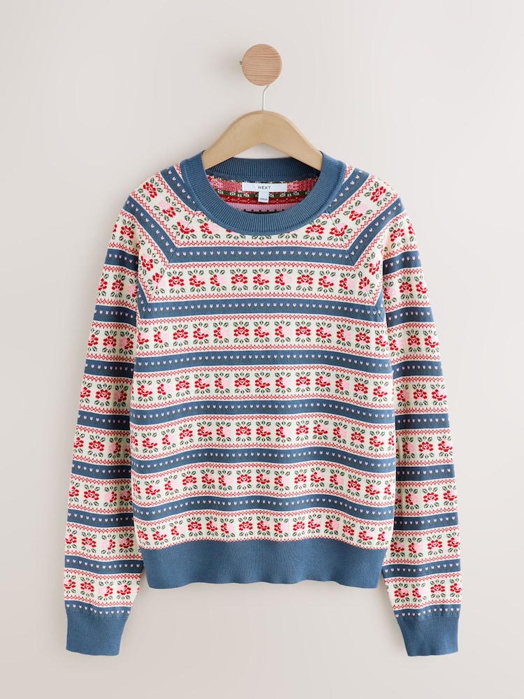Blue and Ecru Floral Stripe Soft Touch Crew Neck Cotton Rich Jumper - Image 5 of 7