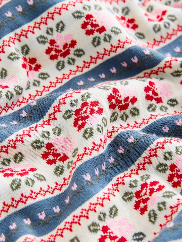 Blue and Ecru Floral Stripe Soft Touch Crew Neck Cotton Rich Jumper - Image 6 of 7