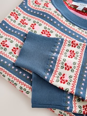 Blue and Ecru Floral Stripe - Soft Touch Crew Neck Cotton Rich Jumper - Bild 8 von 8