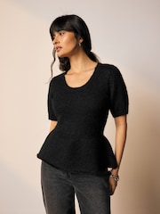 Black Scoop Neck Peplum Knitted Top With Wool - Image 4 of 9