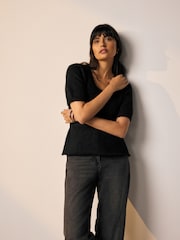 Black Scoop Neck Peplum Knitted Top With Wool - Image 5 of 9
