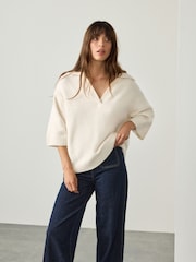 Ecru Open Collar Polo Half Sleeve Jumper With Wool - Image 1 of 8